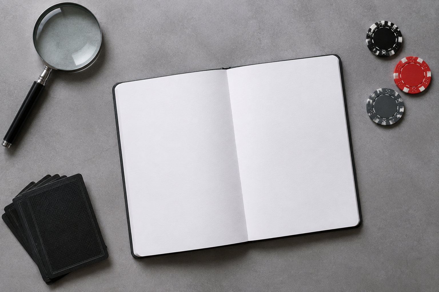 Notebook, magnifying glass and casino chips on a grey desk