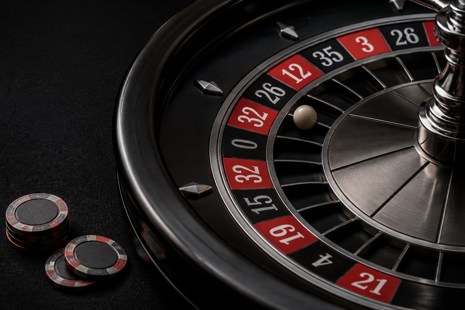 Roulette wheel and casino chips photographed against dark felt